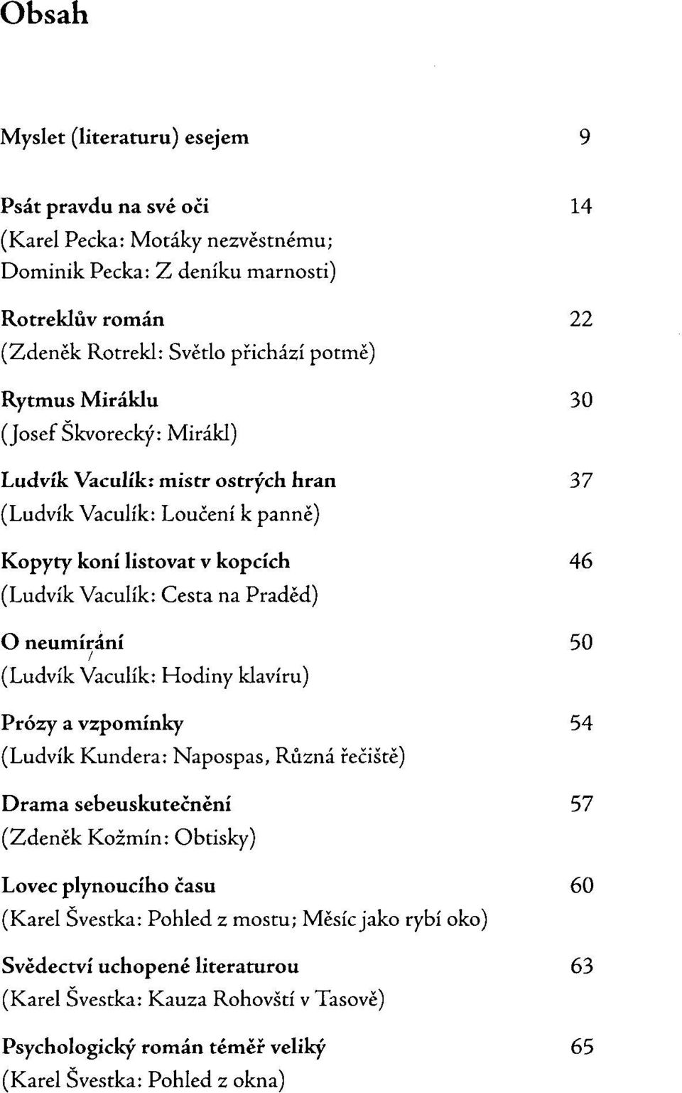 neumírání 50 / (Ludvík Vaculík: Hodiny klavíru) Prózy a vzpomínky 54 (Ludvík Kundera: Napospas, Různá řečiště) Drama sebeuskutečnění 57 (Zdeněk Kožmín: Obtisky) Lovec plynoucího času 60