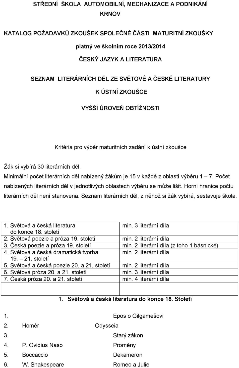 Minimální počet literárních děl nabízený žákům je 15 v každé z oblastí výběru 1 7. Počet nabízených literárních děl v jednotlivých oblastech výběru se může lišit.