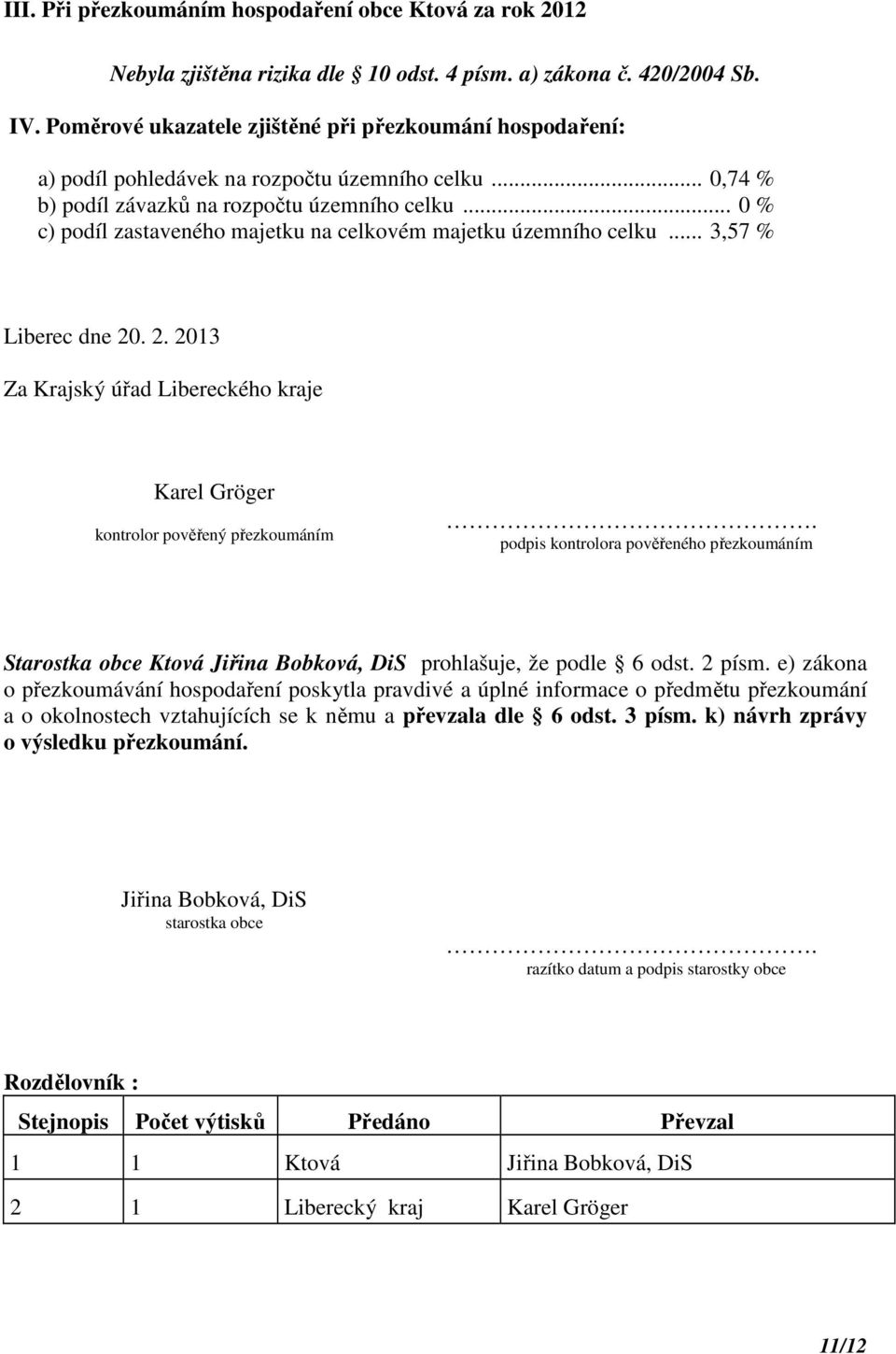 .. 0 % c) podíl zastaveného majetku na celkovém majetku územního celku... 3,57 % Liberec dne 20. 2. 2013 Za Krajský úřad Libereckého kraje Karel Gröger kontrolor pověřený přezkoumáním.