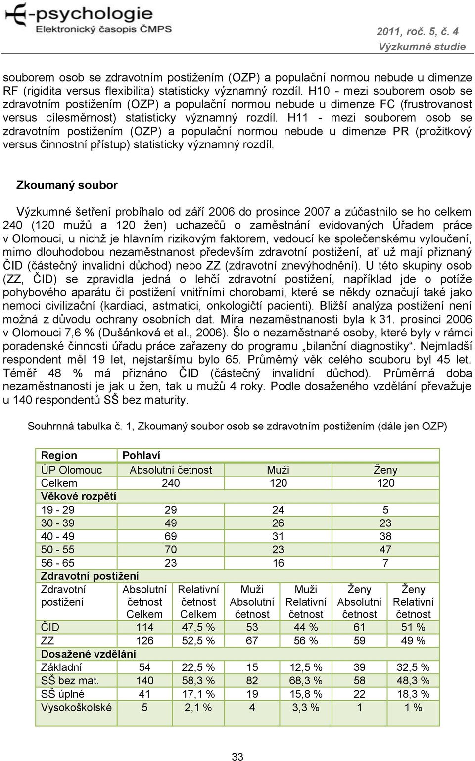 H11 - mezi souborem osob se zdravotním postiţením (OZP) a populační normou nebude u dimenze PR (proţitkový versus činnostní přístup) statisticky významný rozdíl.