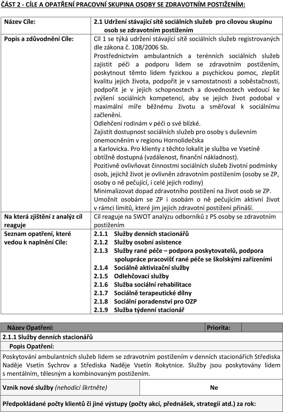 Prostřednictvím ambulantních a terénních sociálních služeb zajistit péči a podporu lidem se zdravotním postižením, poskytnout těmto lidem fyzickou a psychickou pomoc, zlepšit kvalitu jejich života,