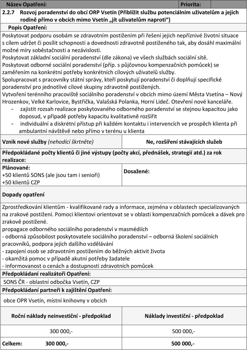 Poskytovat základní sociální poradenství (dle zákona) ve všech službách sociální sítě. Poskytovat odborné sociální poradenství (příp.