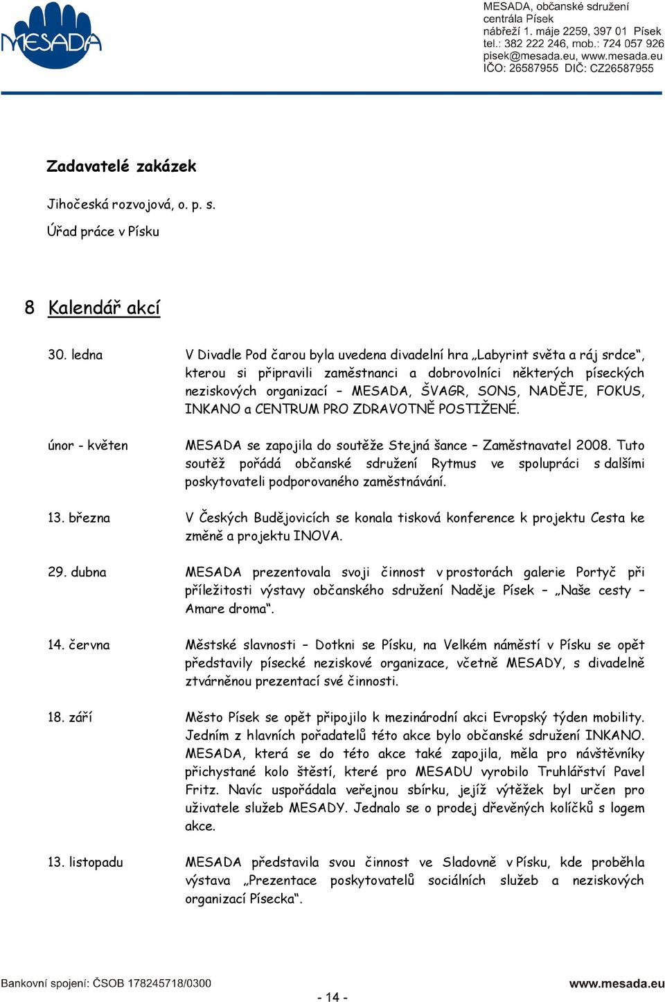 NADĚJE, FOKUS, INKANO a CENTRUM PRO ZDRAVOTNĚ POSTIŽENÉ. únor - květen MESADA se zapojila do soutěže Stejná šance Zaměstnavatel 2008.