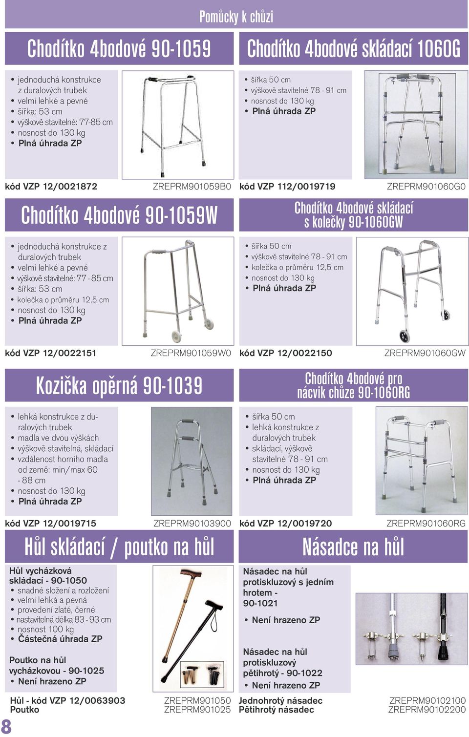 šířka: 53 cm kolečka o průměru 12,5 cm nosnost do 130 kg ZREPRM901059B0 kód VZP 112/0019719 Chodítko 4bodové skládací s kolečky 90-1060GW šířka 50 cm výškově stavitelné 78-91 cm kolečka o průměru