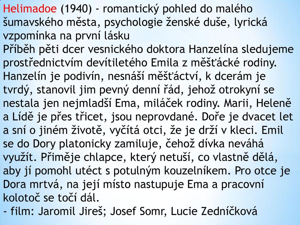 Marii, Heleně a Lídě je přes třicet, jsou neprovdané. Doře je dvacet let a sní o jiném životě, vyčítá otci, že je drží v kleci. Emil se do Dory platonicky zamiluje, čehož dívka neváhá využít.