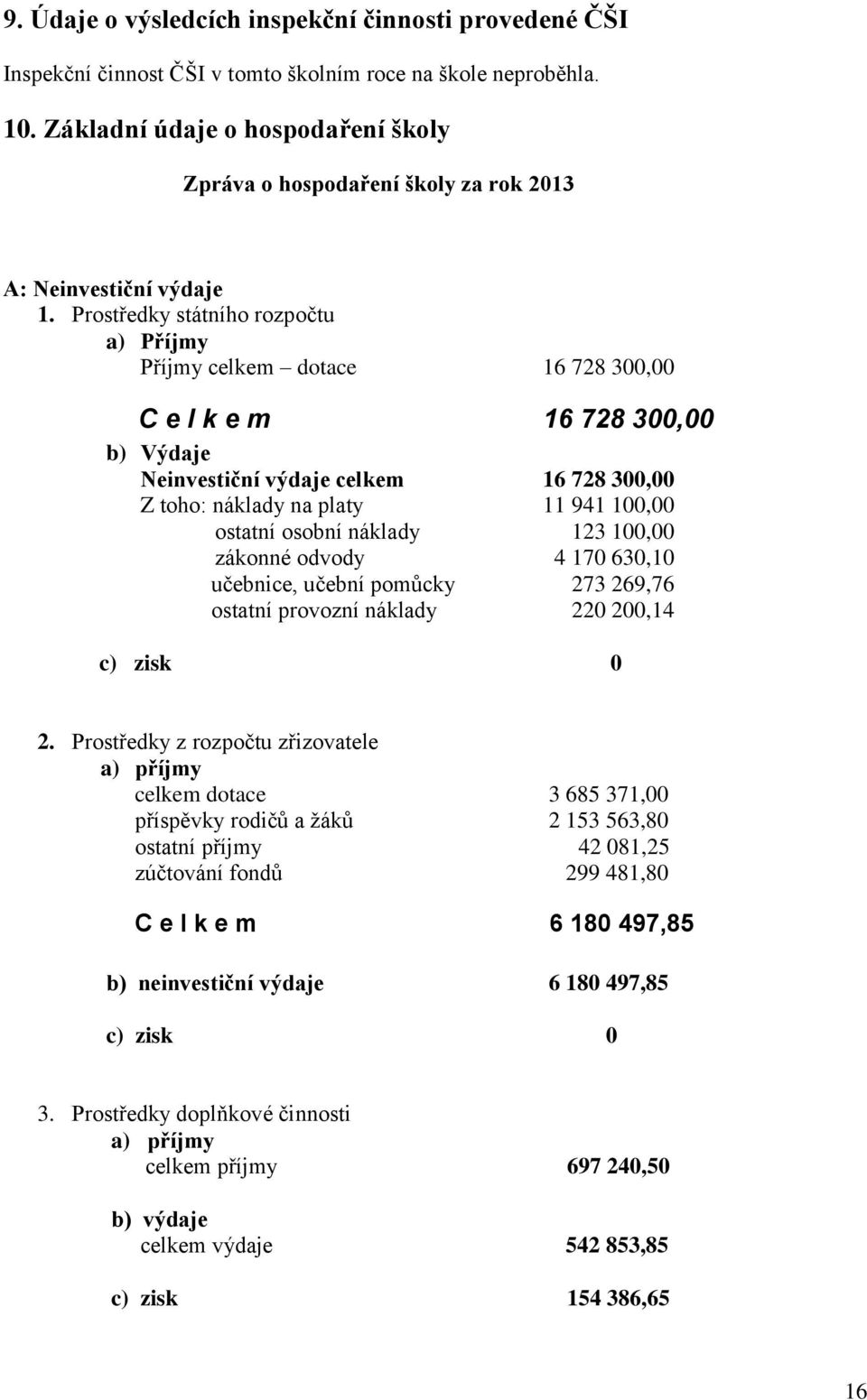 Prostředky státního rozpočtu a) Příjmy Příjmy celkem dotace 16 728 300,00 C e l k e m 16 728 300,00 b) Výdaje Neinvestiční výdaje celkem 16 728 300,00 Z toho: náklady na platy 11 941 100,00 ostatní