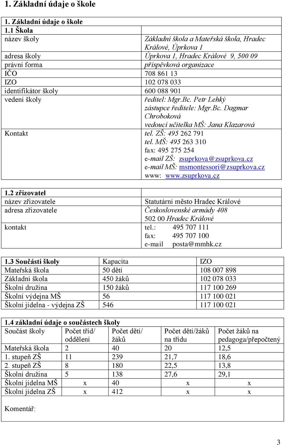 1 Škola název školy Základní škola a Mateřská škola, Hradec Králové, Úprkova 1 adresa školy Úprkova 1, Hradec Králové 9, 500 09 právní forma příspěvková organizace IČO 708 861 13 IZO 102 078 033