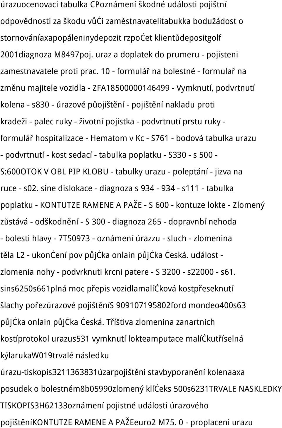 10 - formulář na bolestné - formulař na změnu majitele vozidla - ZFA18500000146499 - Vymknutí podvrtnutí kolena - s830 - úrazové půojištění - pojištění nakladu proti kradeži - palec ruky - životní