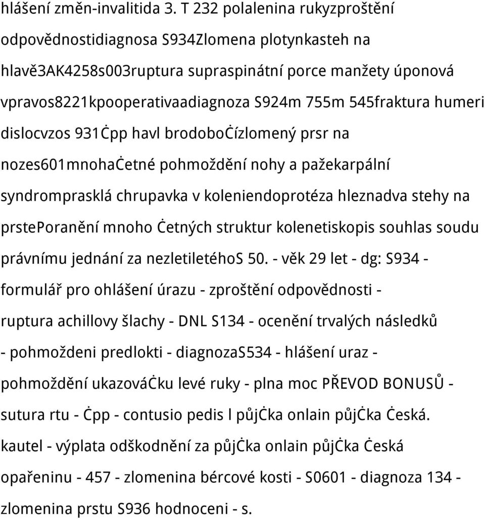 humeri dislocvzos 931čpp havl brodobočízlomený prsr na nozes601mnohačetné pohmoždění nohy a pažekarpální syndromprasklá chrupavka v koleniendoprotéza hleznadva stehy na prsteporanění mnoho četných