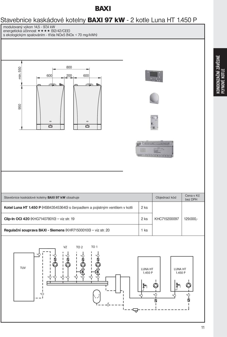 ZÁVĚSNÉ PLYNOVÉ KOTLE Stavebnice kaskádové kotelny BAXI 97 kw obsahuje Objednací kód Kotel Luna HT 1.