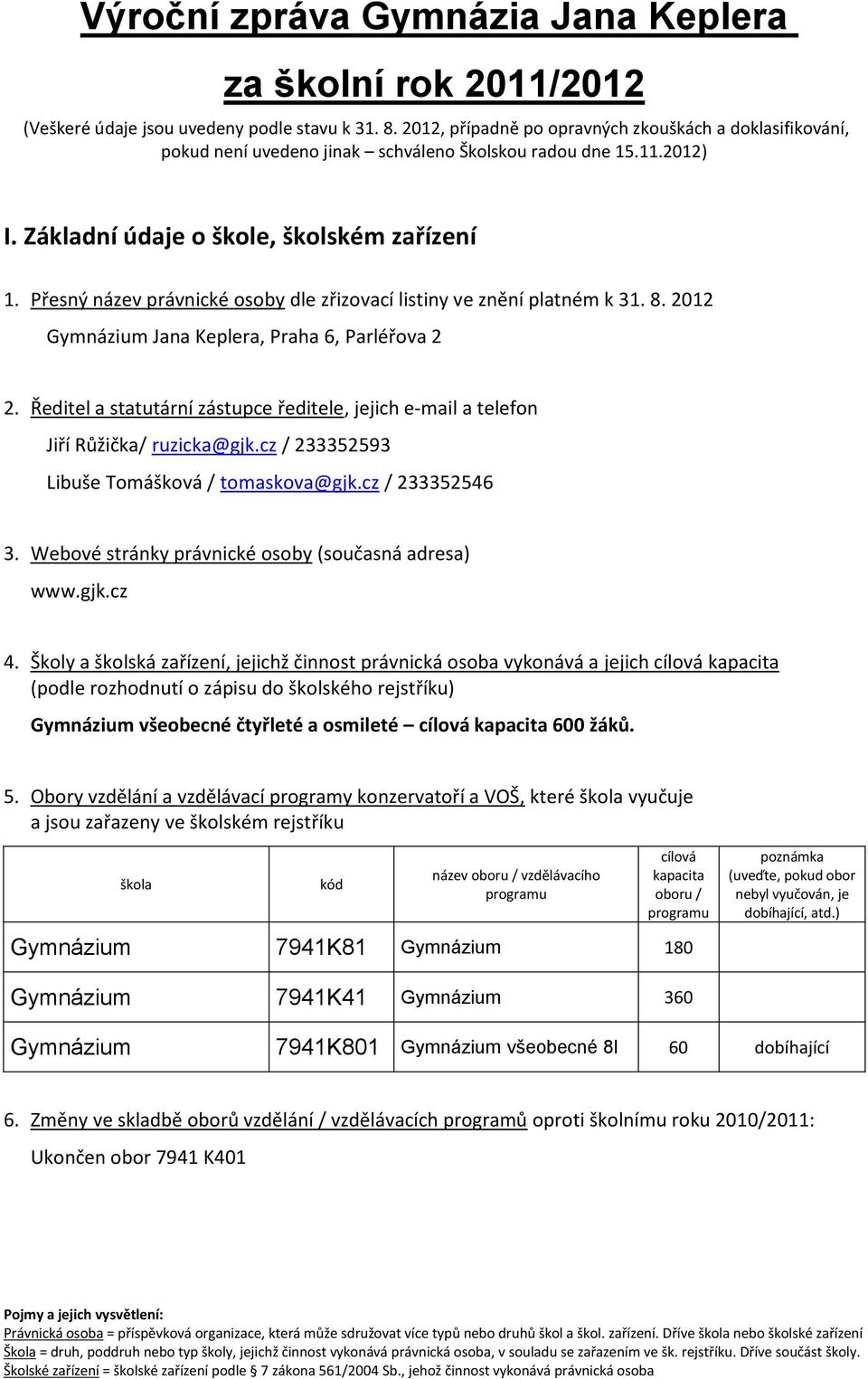 Přesný název právnické osoby dle zřizovací listiny ve znění platném k 31. 8. 2012 Gymnázium Jana Keplera, Praha 6, Parléřova 2 2.