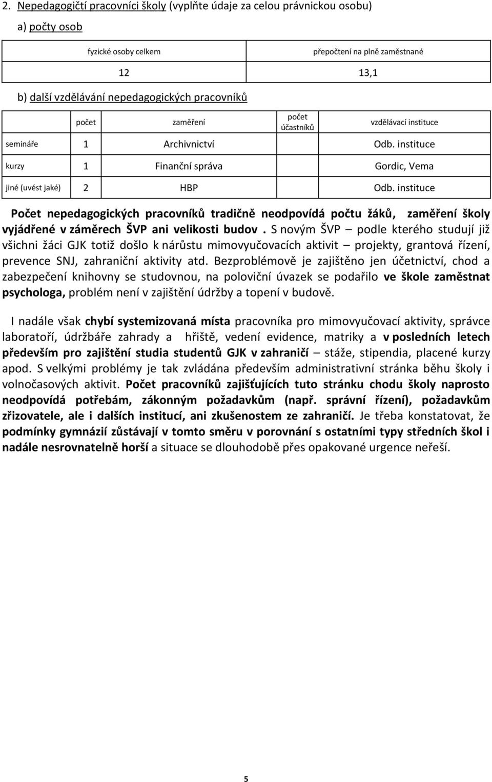 instituce Počet nepedagogických pracovníků tradičně neodpovídá počtu žáků, zaměření školy vyjádřené v záměrech ŠVP ani velikosti budov.