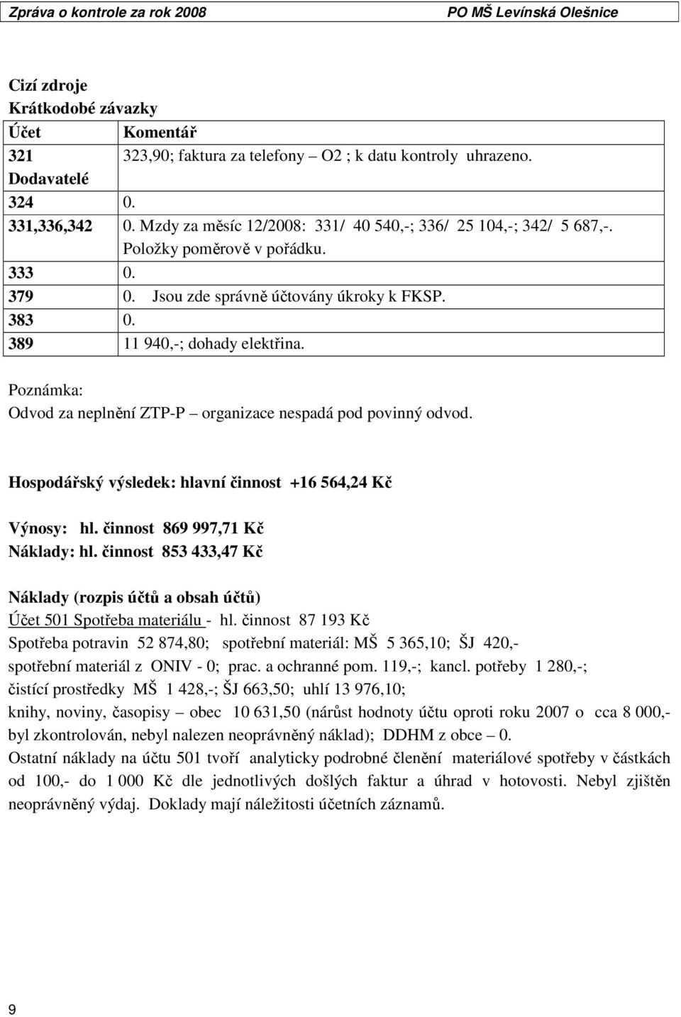 Poznámka: Odvod za neplnění ZTP-P organizace nespadá pod povinný odvod. Hospodářský výsledek: hlavní činnost +16 564,24 Kč Výnosy: hl. činnost 869 997,71 Kč Náklady: hl.