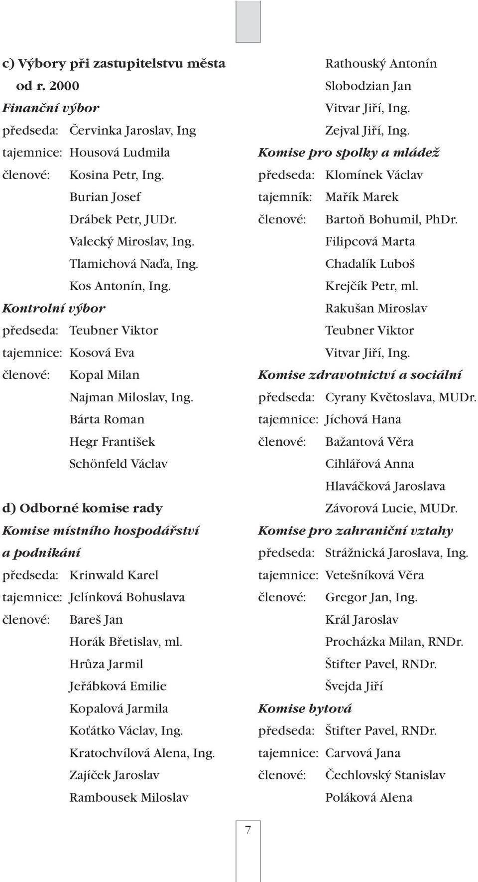 Bárta Roman Hegr František Schönfeld Václav d) Odborné komise rady Komise místního hospodářství a podnikání předseda: Krinwald Karel tajemnice: Jelínková Bohuslava členové: Bareš Jan Horák Břetislav,