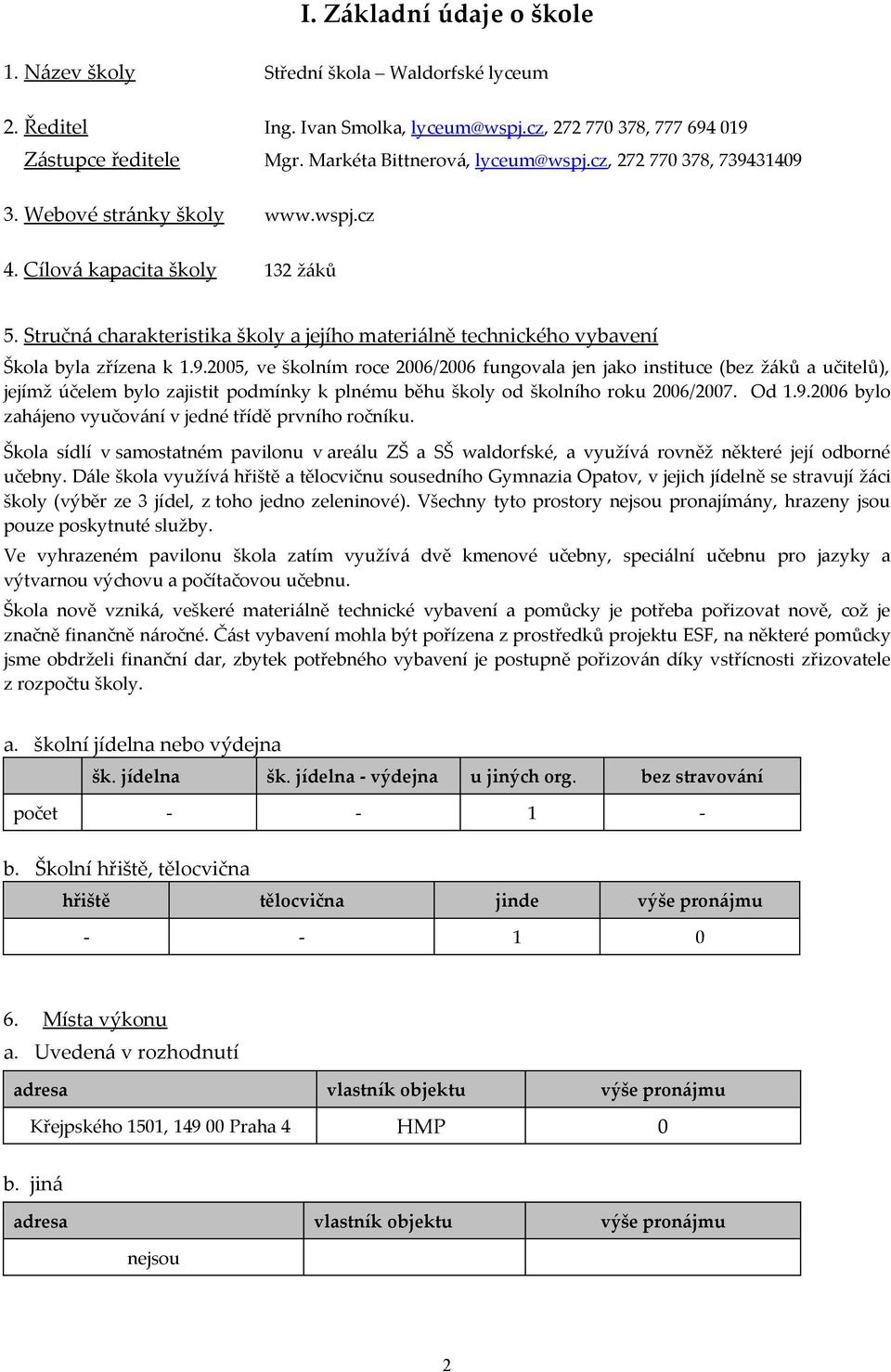 Od 1.9.2006 bylo zahájeno vyučování v jedné třídě prvního ročníku. Škola sídlí v samostatném pavilonu v areálu ZŠ a SŠ waldorfské, a využívá rovněž některé její odborné učebny.