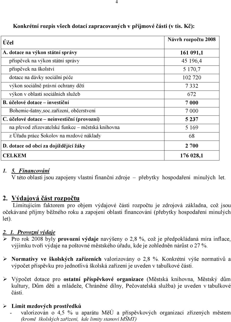 oblasti sociálních služeb 672 B. účelové dotace investiční 7 000 Bohemie-šatny,soc.zařízení, občerstvení 7 000 C.