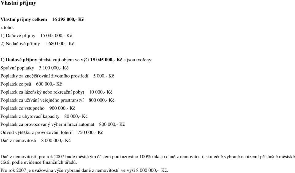 veřejného prostranství 800 000,- Kč Poplatek ze vstupného 900 000,- Kč Poplatek z ubytovací kapacity 80 000,- Kč Poplatek za provozovaný výherní hrací automat 800 000,- Kč Odvod výtěžku z provozování