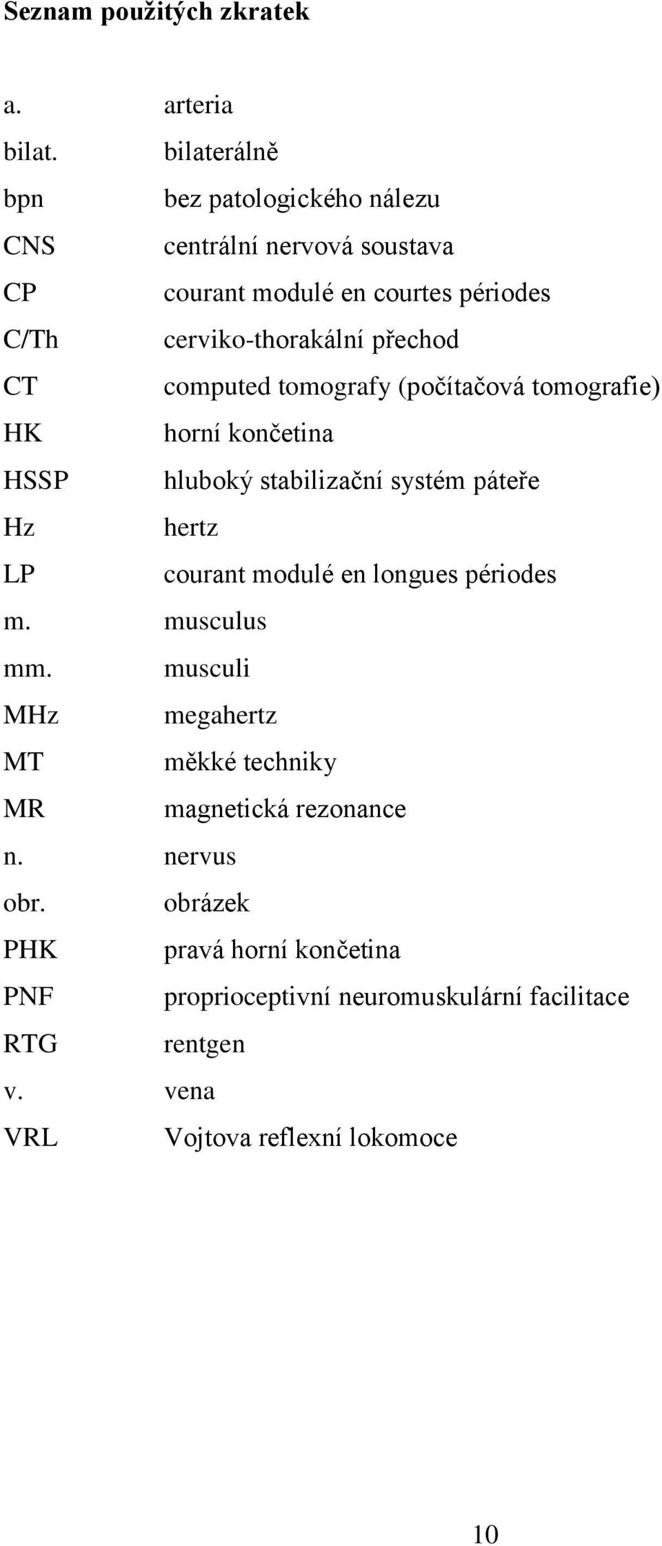 CT computed tomografy (počítačová tomografie) HK horní končetina HSSP hluboký stabilizační systém páteře Hz hertz LP courant modulé en