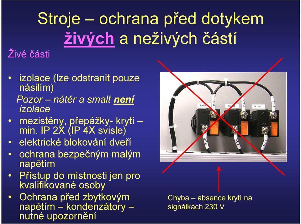 IP 2X (IP 4X svisle) elektrické blokování dveří ochrana bezpečným malým napětím Přístup do