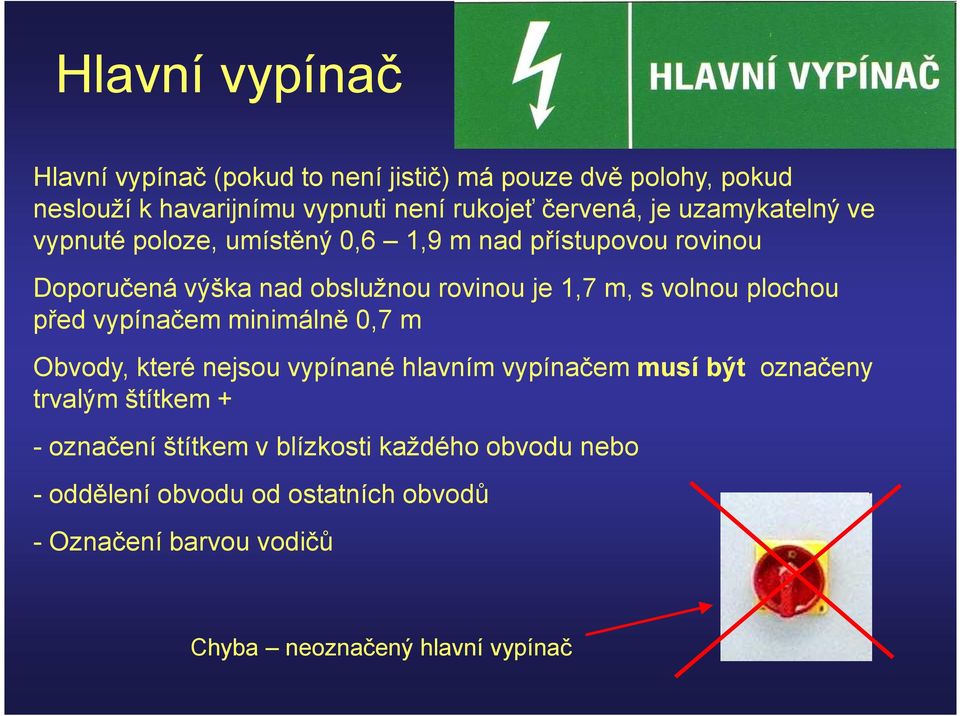 volnou plochou před vypínačem minimálně 0,7 m Obvody, které nejsou vypínané hlavním vypínačem musí být označeny trvalým štítkem + -