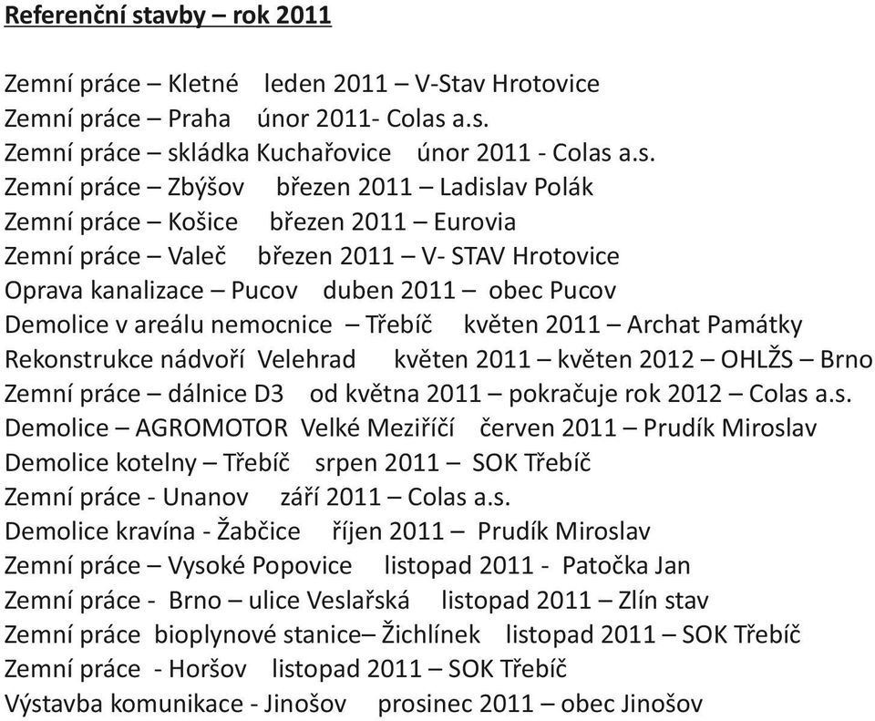 a.s. Zemní práce skládka Kuchařovice únor 2011 - Colas a.s. Zemní práce Zbýšov březen 2011 Ladislav Polák Zemní práce Košice březen 2011 Eurovia Zemní práce Valeč březen 2011 V- STAV Hrotovice Oprava