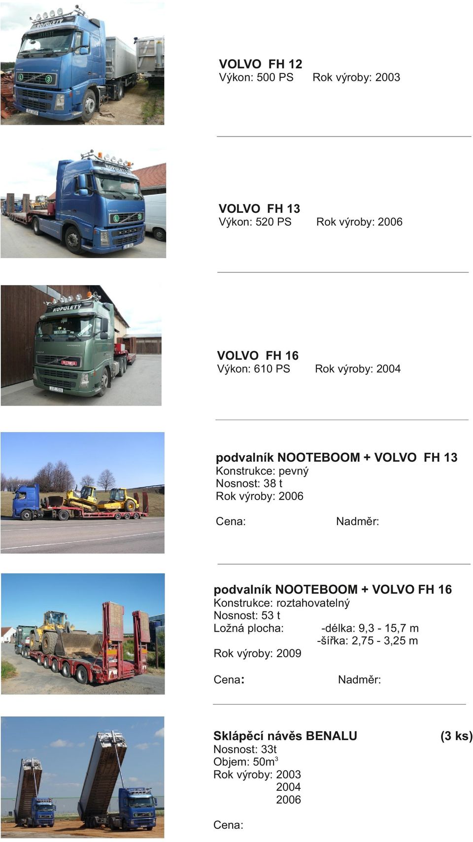 podvalník NOOTEBOOM + VOLVO FH 16 Konstrukce: roztahovatelný Nosnost: 5 t Ložná plocha: -délka: 9, - 15,7 m