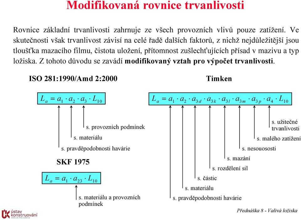 typ ložiska. Z tohoto důvodu se zavádí modifikovaný vztah pro výpočet trvanlivosti.