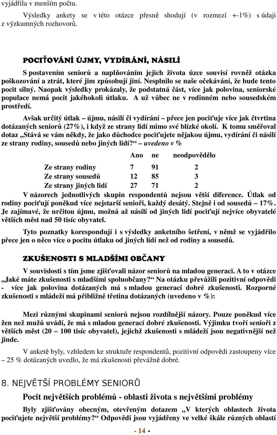 Nesplnilo se naše očekávání, že bude tento pocit silný. Naopak výsledky prokázaly, že podstatná část, více jak polovina, seniorské populace nemá pocit jakéhokoli útlaku.