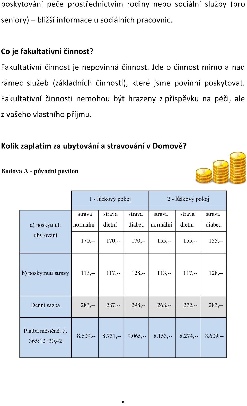 Kolik zaplatím za ubytování a stravování v Domově?