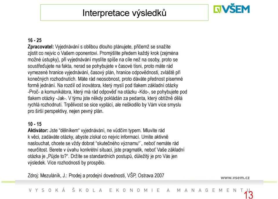 hranice vyjednávání, časový plán, hranice odpovědnosti, zvláště při konečných rozhodnutích. Máte rád neosobnost, proto dáváte přednost písemné formě jednání.