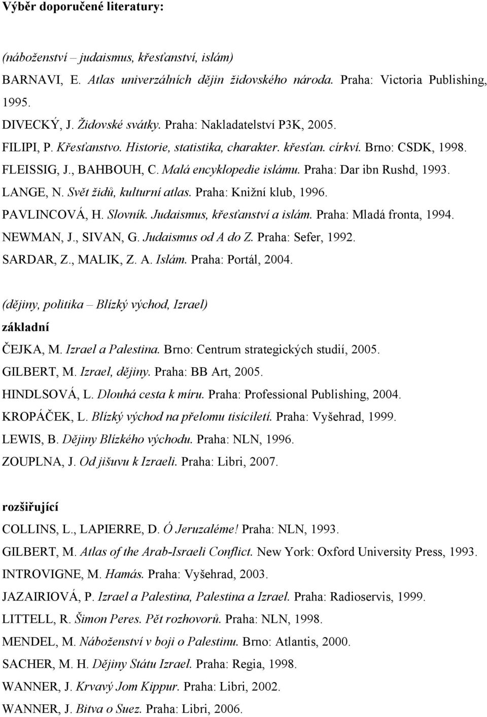 Praha: Dar ibn Rushd, 1993. LANGE, N. Svět židů, kulturní atlas. Praha: Knižní klub, 1996. PAVLINCOVÁ, H. Slovník. Judaismus, křesťanství a islám. Praha: Mladá fronta, 1994. NEWMAN, J., SIVAN, G.