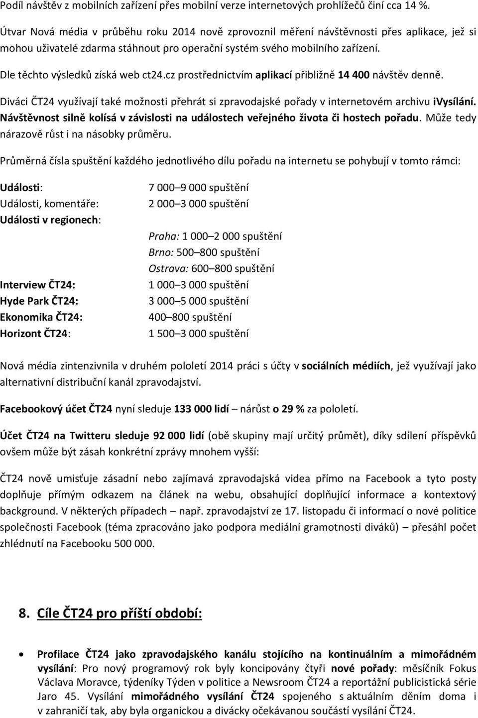 Dle těchto výsledků získá web ct24.cz prostřednictvím aplikací přibližně 14 400 návštěv denně. Diváci ČT24 využívají také možnosti přehrát si zpravodajské pořady v internetovém archivu ivysílání.