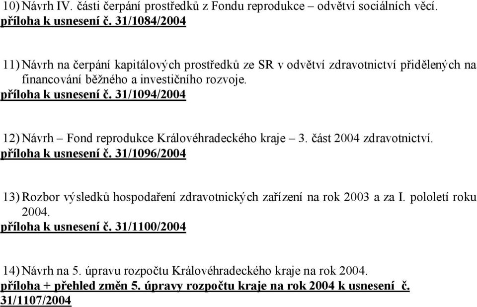 31/1094/2004 12) Návrh Fond reprodukce Královéhradeckého kraje 3. část 2004 zdravotnictví. příloha k usnesení č.