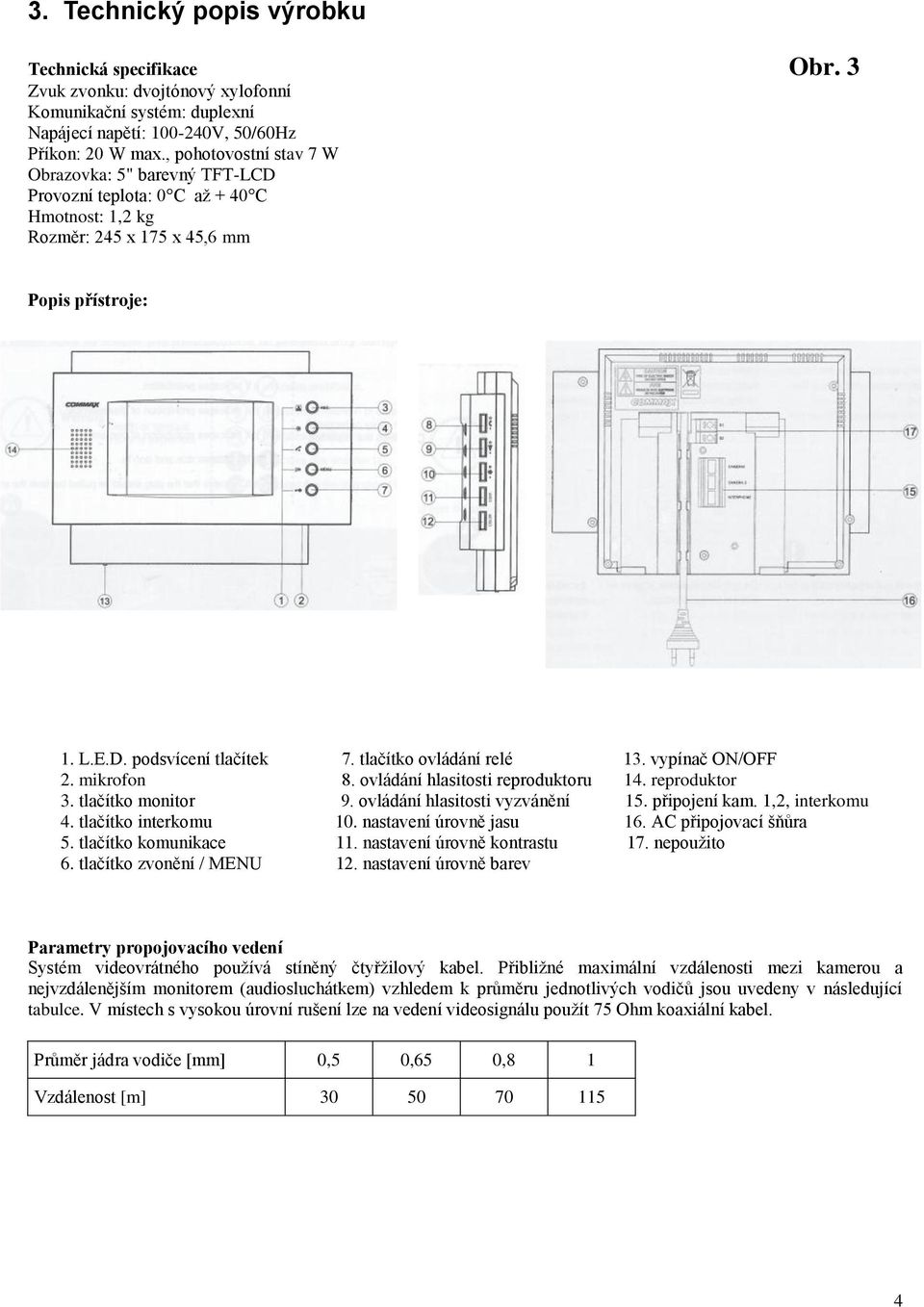 tlačítko ovládání relé 13. vypínač ON/OFF 2. mikrofon 8. ovládání hlasitosti reproduktoru 14. reproduktor 3. tlačítko monitor 9. ovládání hlasitosti vyzvánění 15. připojení kam. 1,2, interkomu 4.