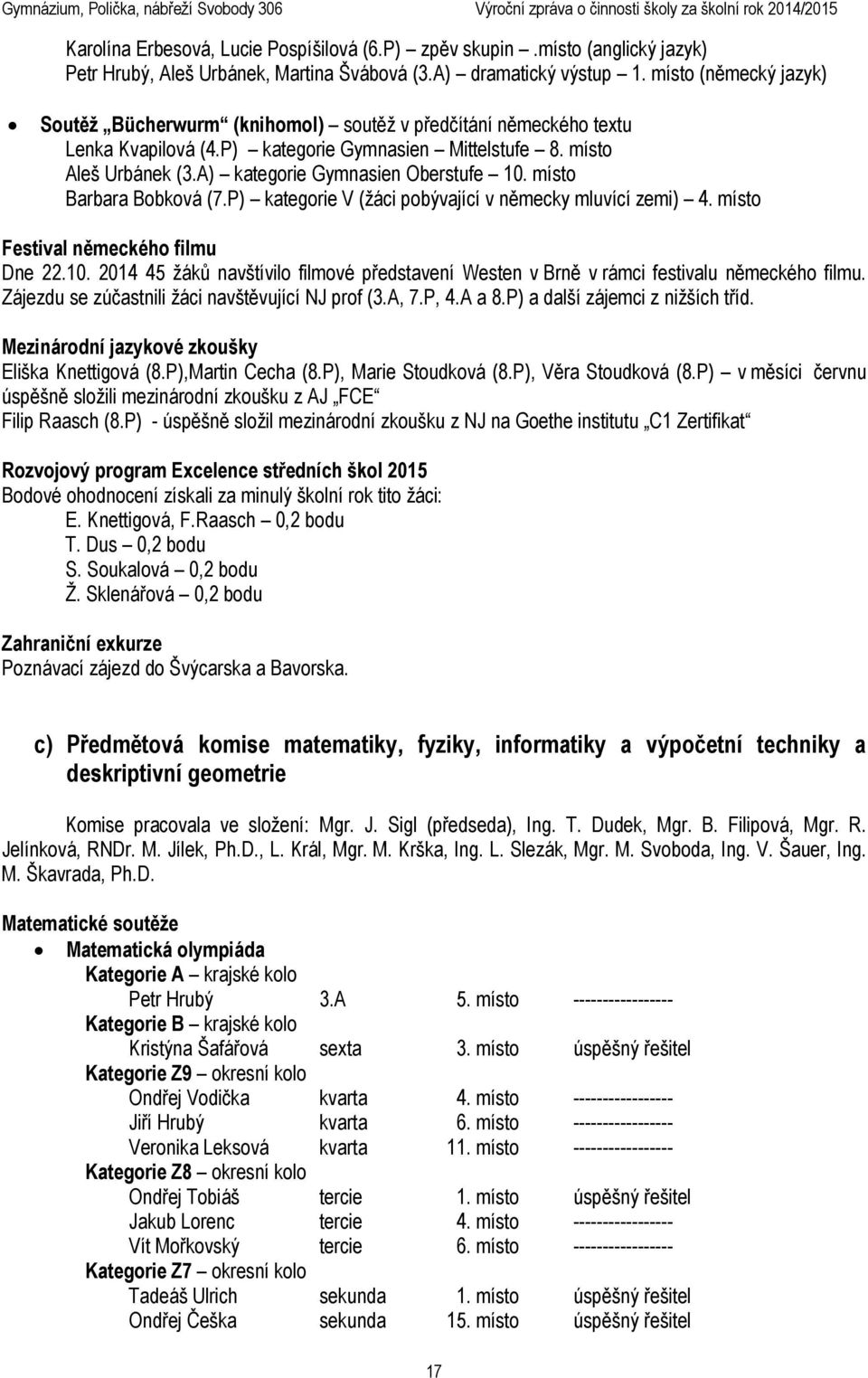 A) kategorie Gymnasien Oberstufe 10. místo Barbara Bobková (7.P) kategorie V (žáci pobývající v německy mluvící zemi) 4. místo Festival německého filmu Dne 22.10. 2014 45 žáků navštívilo filmové představení Westen v Brně v rámci festivalu německého filmu.