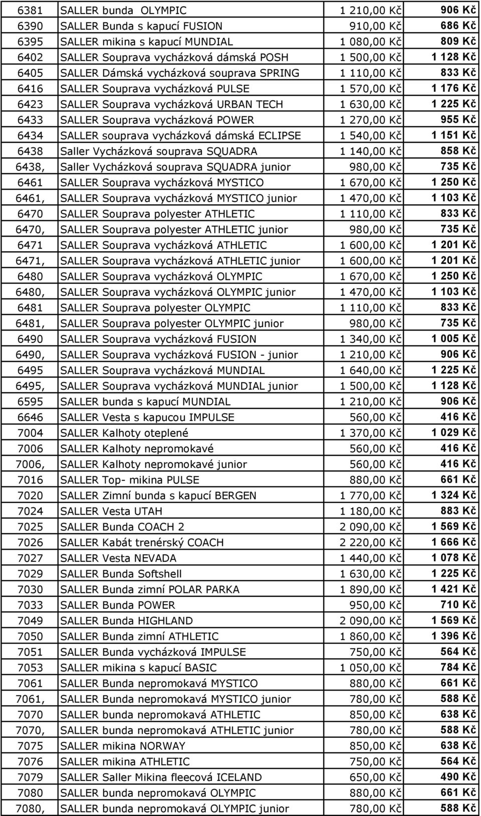 225 Kč 6433 SALLER Souprava vycházková POWER 1 270,00 Kč 955 Kč 6434 SALLER souprava vycházková dámská ECLIPSE 1 540,00 Kč 1 151 Kč 6438 Saller Vycházková souprava SQUADRA 1 140,00 Kč 858 Kč 6438,