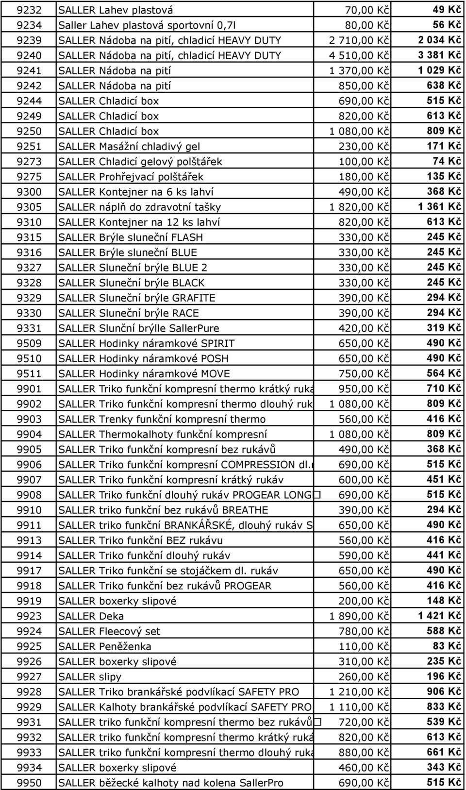 820,00 Kč 613 Kč 9250 SALLER Chladicí box 1 080,00 Kč 809 Kč 9251 SALLER Masážní chladivý gel 230,00 Kč 171 Kč 9273 SALLER Chladicí gelový polštářek 100,00 Kč 74 Kč 9275 SALLER Prohřejvací polštářek