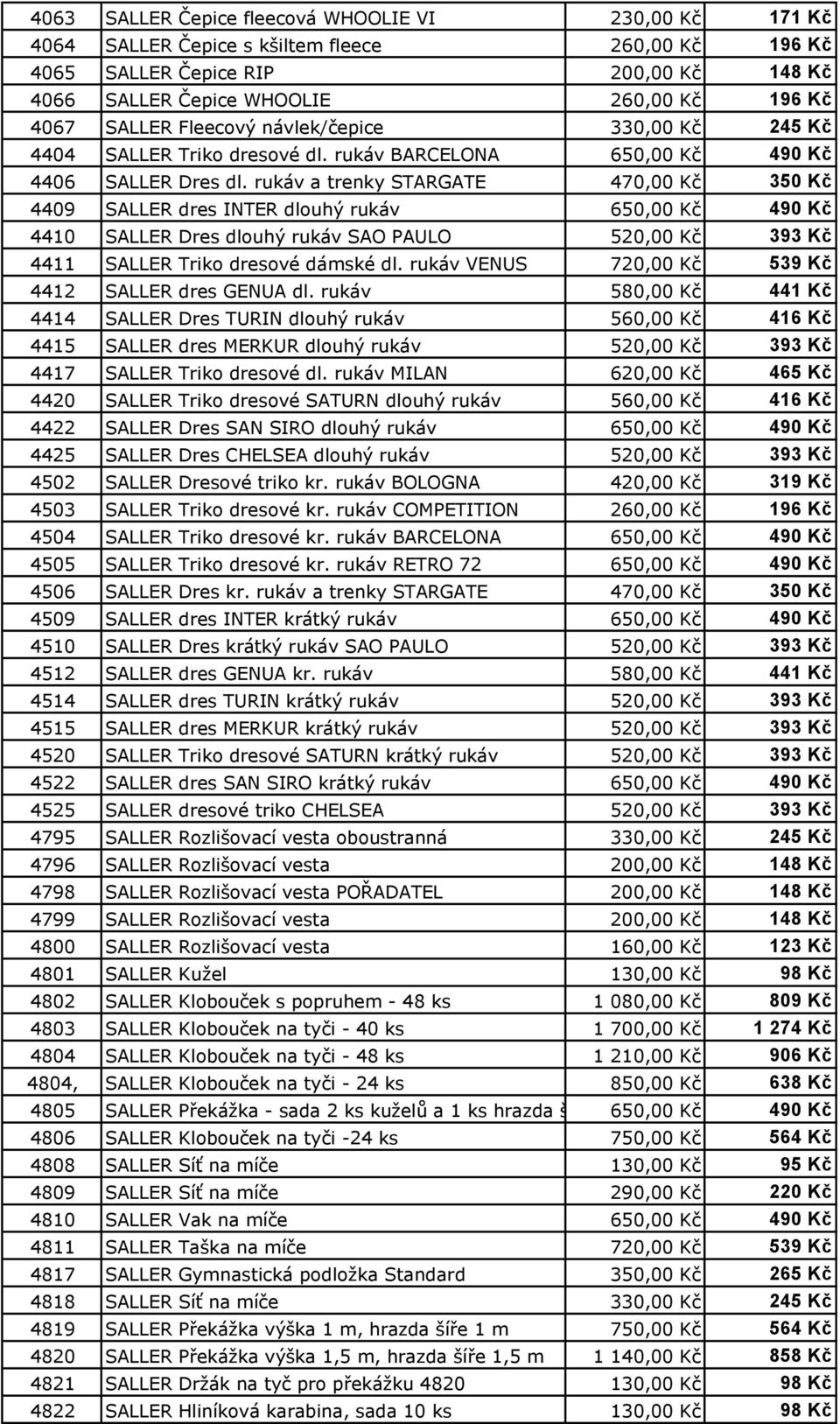 rukáv a trenky STARGATE 470,00 Kč 350 Kč 4409 SALLER dres INTER dlouhý rukáv 650,00 Kč 490 Kč 4410 SALLER Dres dlouhý rukáv SAO PAULO 520,00 Kč 393 Kč 4411 SALLER Triko dresové dámské dl.