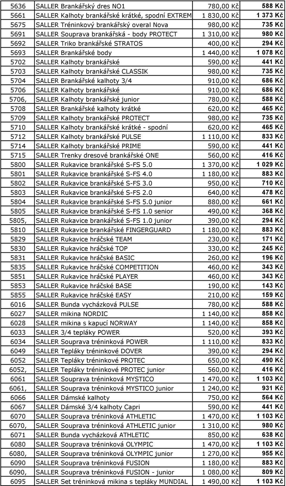 441 Kč 5703 SALLER Kalhoty brankářské CLASSIK 980,00 Kč 735 Kč 5704 SALLER Brankářské kalhoty 3/4 910,00 Kč 686 Kč 5706 SALLER Kalhoty brankářské 910,00 Kč 686 Kč 5706, SALLER Kalhoty brankářské