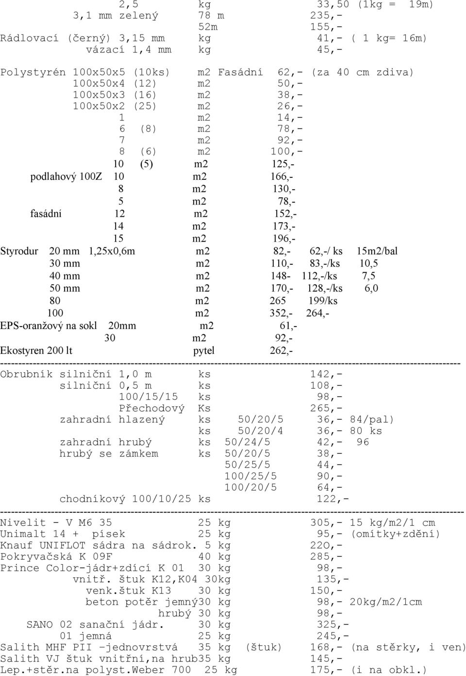 173,- 15 m2 196,- Styrodur 20 mm 1,25x0,6m m2 82,- 62,-/ ks 15m2/bal 30 mm m2 110,- 83,-/ks 10,5 40 mm m2 148-112,-/ks 7,5 50 mm m2 170,- 128,-/ks 6,0 80 m2 265 199/ks 100 m2 352,- 264,- EPS-oranžový