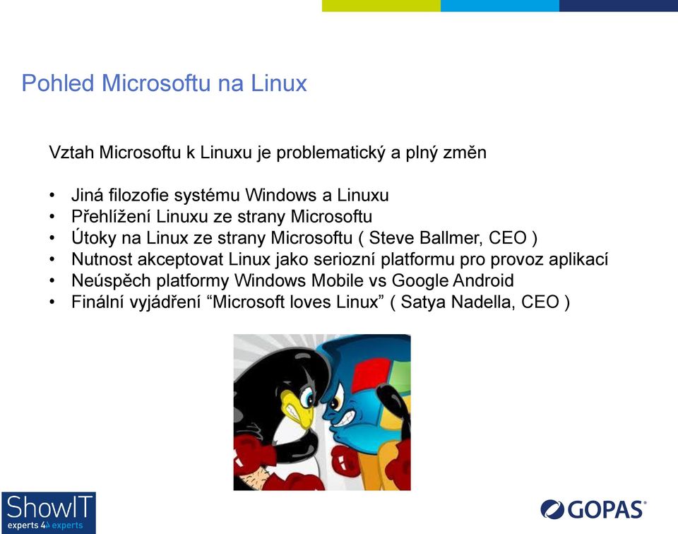 ( Steve Ballmer, CEO ) Nutnost akceptovat Linux jako seriozní platformu pro provoz aplikací Neúspěch