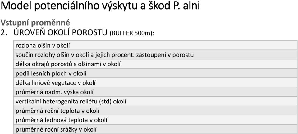 zastoupení v porostu délka okrajů porostů s olšinami v okolí podíl lesních ploch v okolí délka liniové vegetace