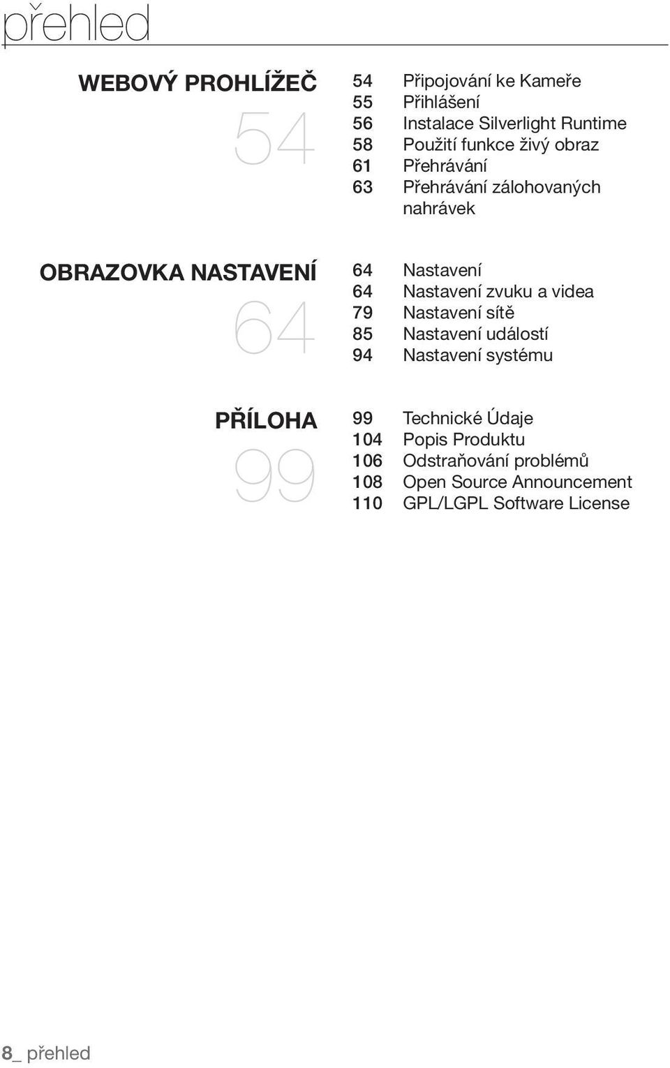 Nastavení zvuku a videa 79 Nastavení sítě 85 Nastavení událostí 94 Nastavení systému PŘÍLOHA 99 99 Technické