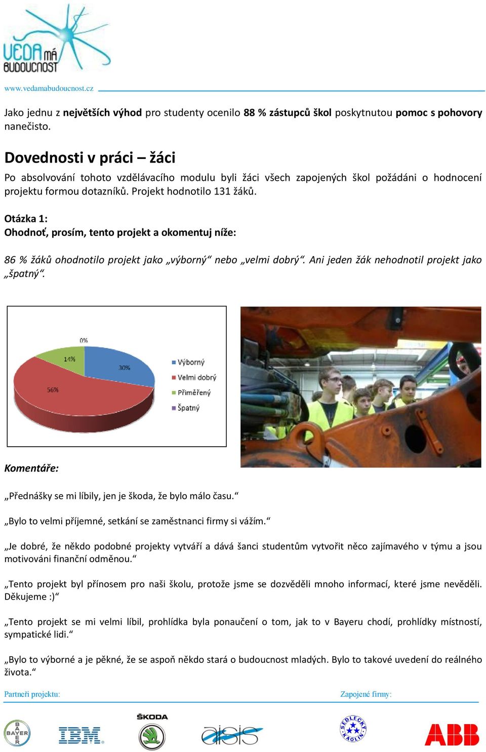 Otázka 1: Ohodnoť, prosím, tento projekt a okomentuj níže: 86 % žáků ohodnotilo projekt jako výborný nebo velmi dobrý. Ani jeden žák nehodnotil projekt jako špatný.