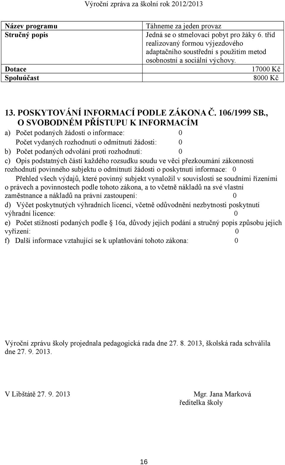 , O SVOBODNÉM PŘÍSTUPU K INFORMACÍM a) Počet podaných žádostí o informace: 0 Počet vydaných rozhodnutí o odmítnutí žádosti: 0 b) Počet podaných odvolání proti rozhodnutí: 0 c) Opis podstatných částí