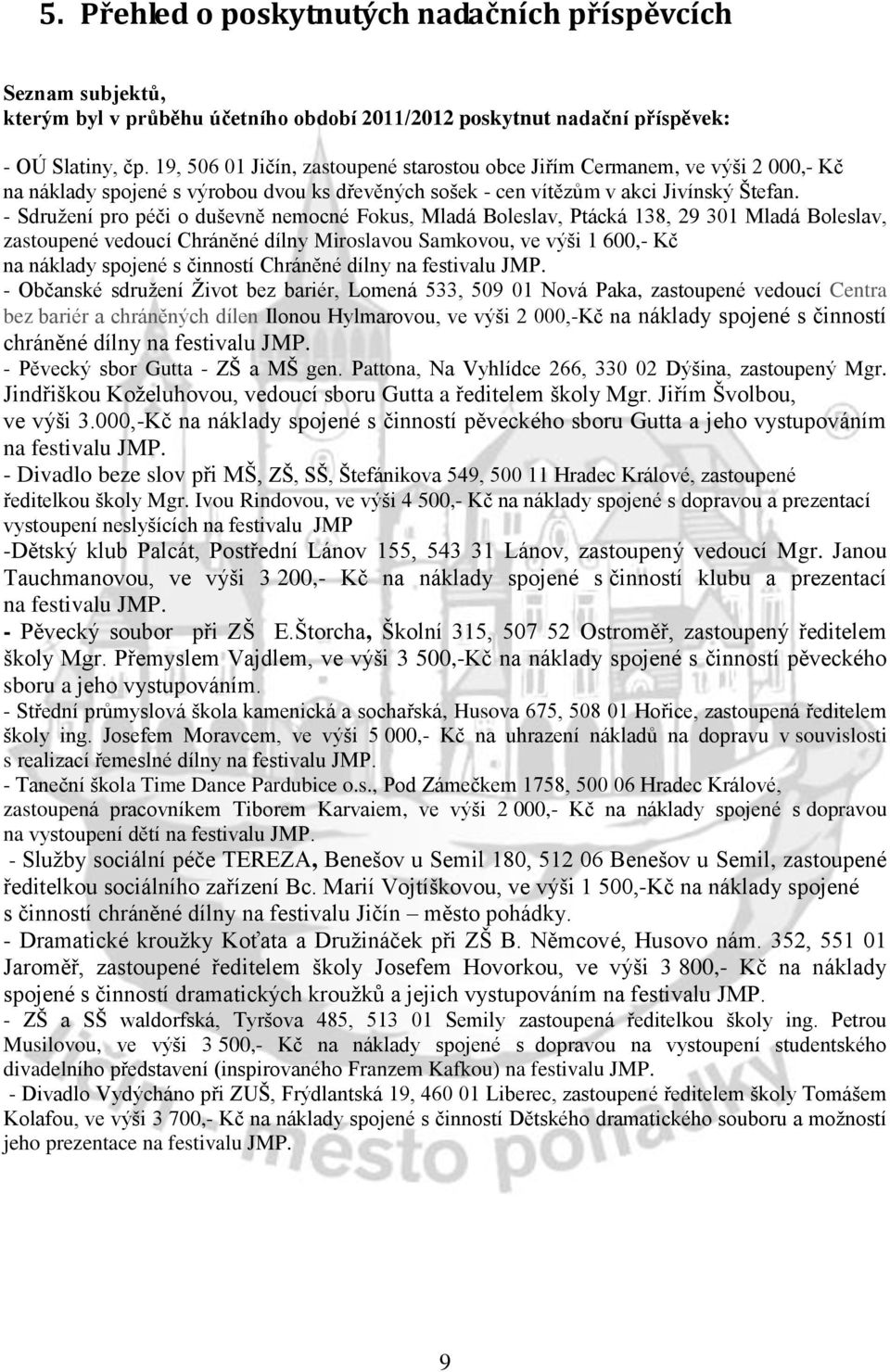 - Sdružení pro péči o duševně nemocné Fokus, Mladá Boleslav, Ptácká 138, 29 301 Mladá Boleslav, zastoupené vedoucí Chráněné dílny Miroslavou Samkovou, ve výši 1 600,- Kč na náklady spojené s činností