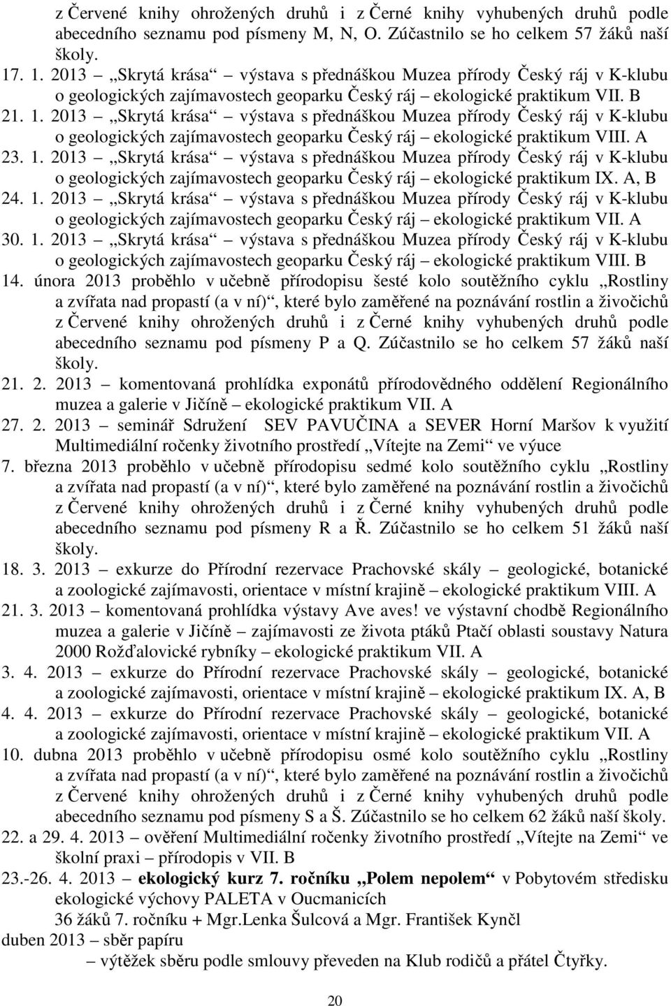 A 23. 1. 2013 Skrytá krása výstava s přednáškou Muzea přírody Český ráj v K-klubu o geologických zajímavostech geoparku Český ráj ekologické praktikum IX. A, B 24. 1. 2013 Skrytá krása výstava s přednáškou Muzea přírody Český ráj v K-klubu o geologických zajímavostech geoparku Český ráj ekologické praktikum VII.