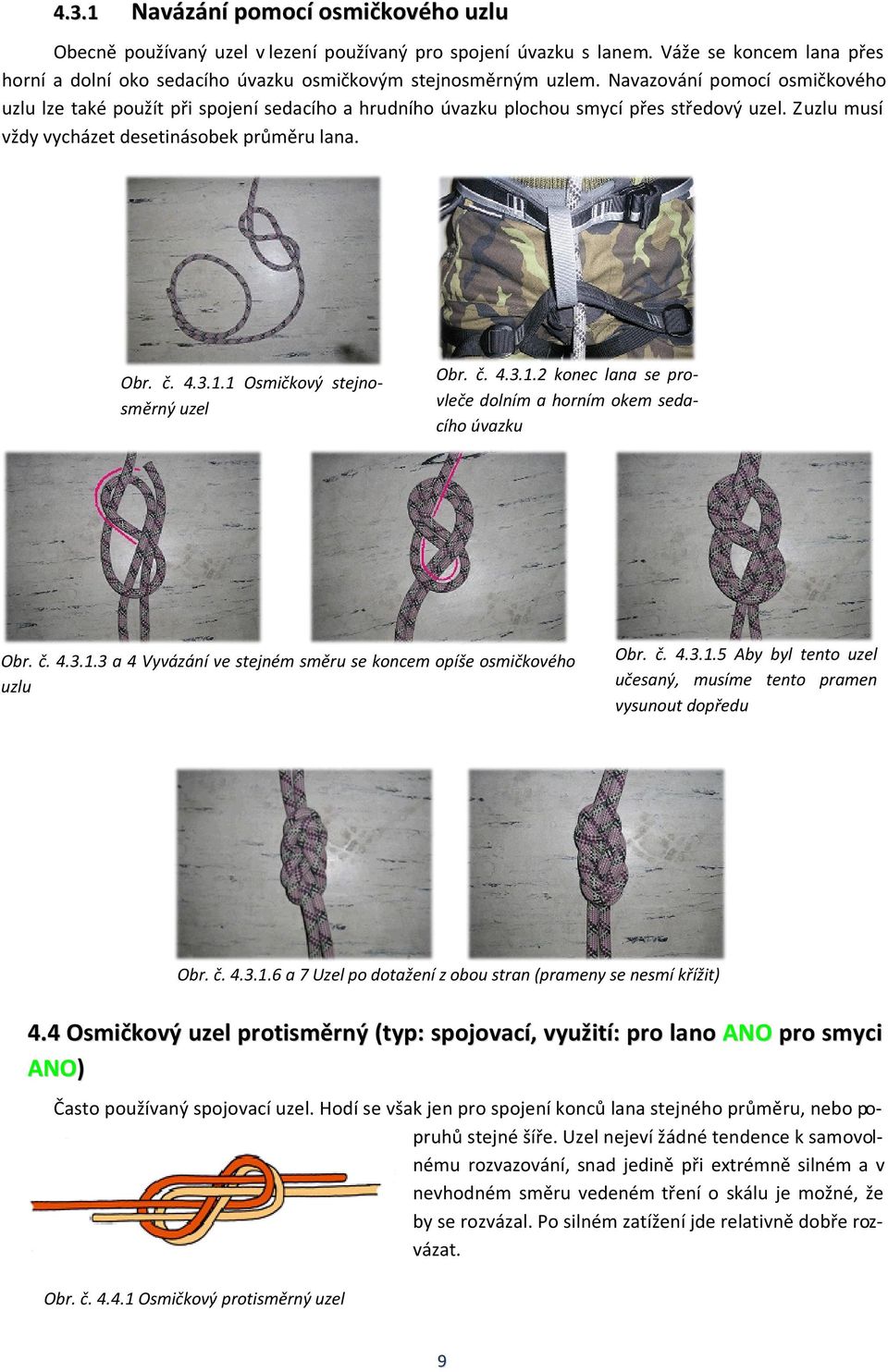 1 Osmičkový stejnosměrný uzel Obr. č. 4.3.1.2 konec lana se provleče dolním a horním okem sedacího úvazku Obr. č. 4.3.1.3 a 4 Vyvázání ve stejném směru se koncem opíše osmičkového uzlu Obr. č. 4.3.1.5 Aby byl tento uzel učesaný, musíme tento pramen vysunout dopředu Obr.