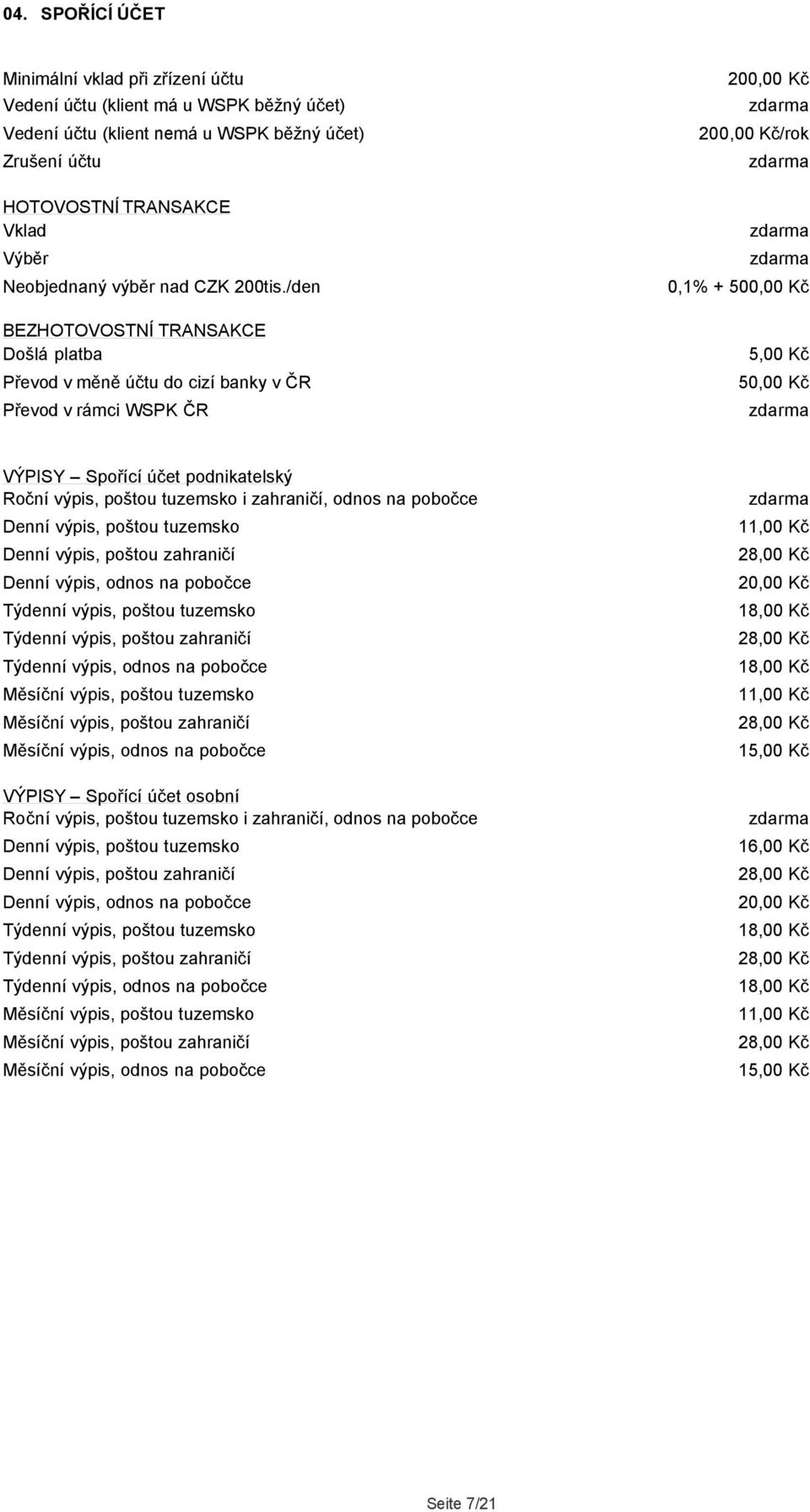 /den BEZHOTOVOSTNÍ TRANSAKCE Došlá platba Převod v měně účtu do cizí banky v ČR Převod v rámci WSPK ČR /rok 0,1% + 500,00 Kč VÝPISY Spořící účet podnikatelský Roční výpis, poštou tuzemsko i