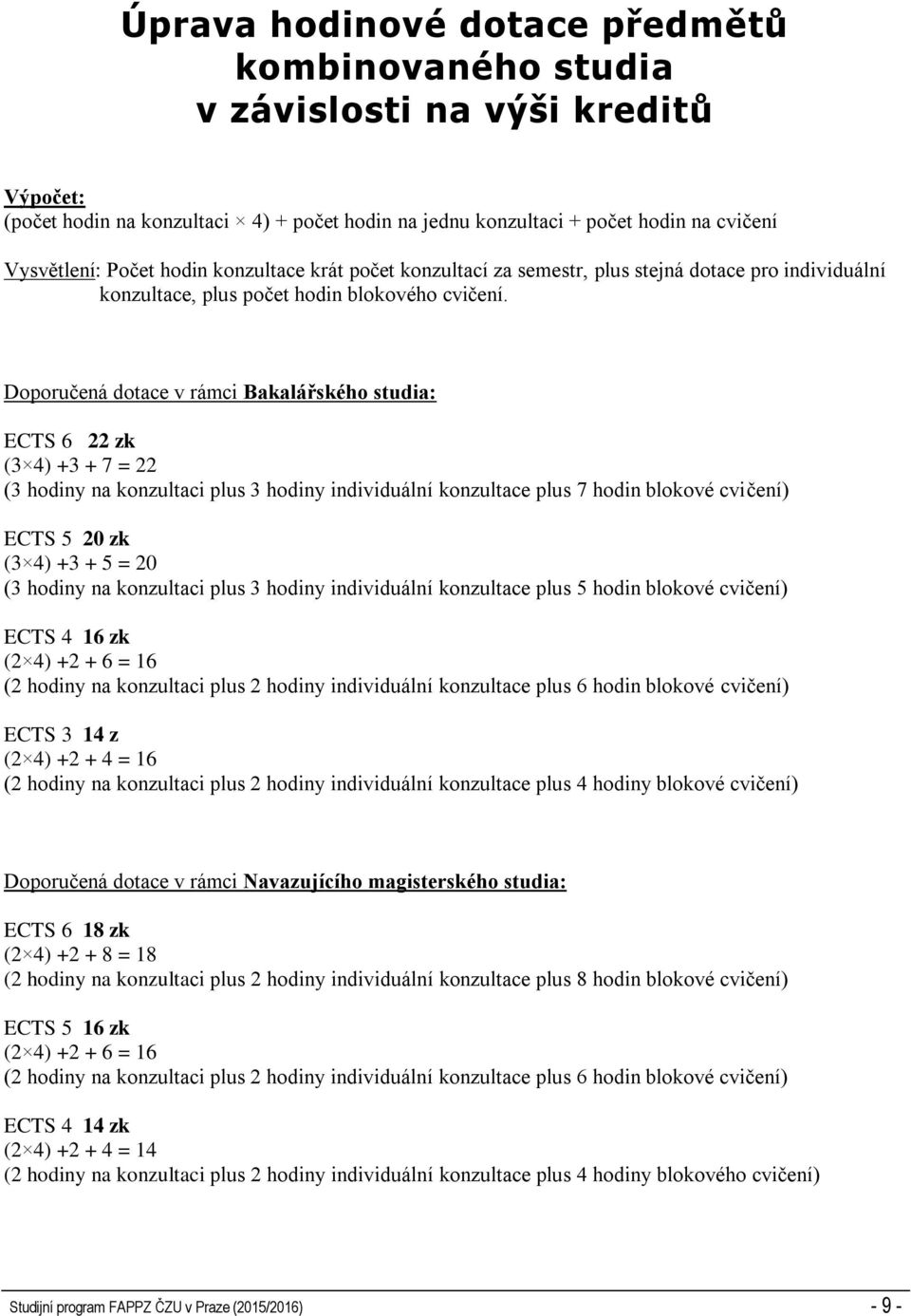 Doporučená dotace v rámci Bakalářského studia: ECTS 6 22 zk (3 4) +3 + 7 = 22 (3 hodiny na konzultaci plus 3 hodiny individuální konzultace plus 7 hodin blokové cvičení) ECTS 5 20 zk (3 4) +3 + 5 =